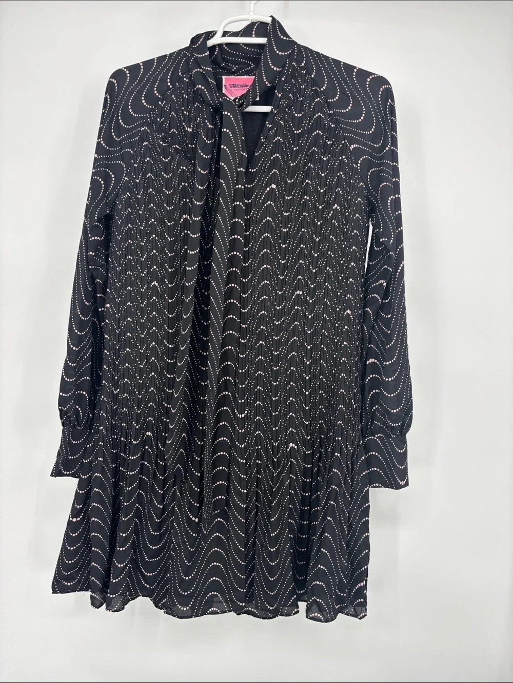 KATE SPADE Black Wavy Dot Pleated Chiffon Necktie long sleeve  lined dress NWT